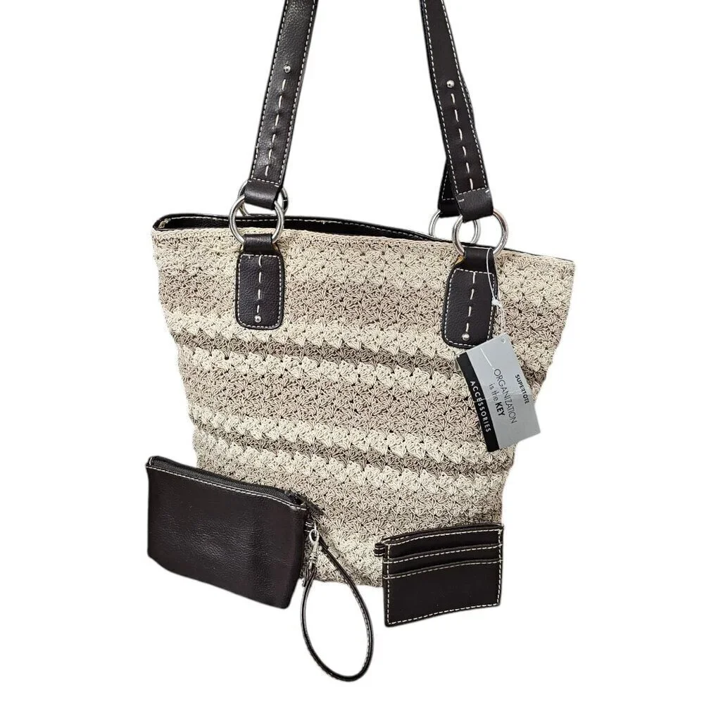 Super Tote New Crochet Boho Bucket Neutral Taupe Cream 3 Piece Shoulder Bag